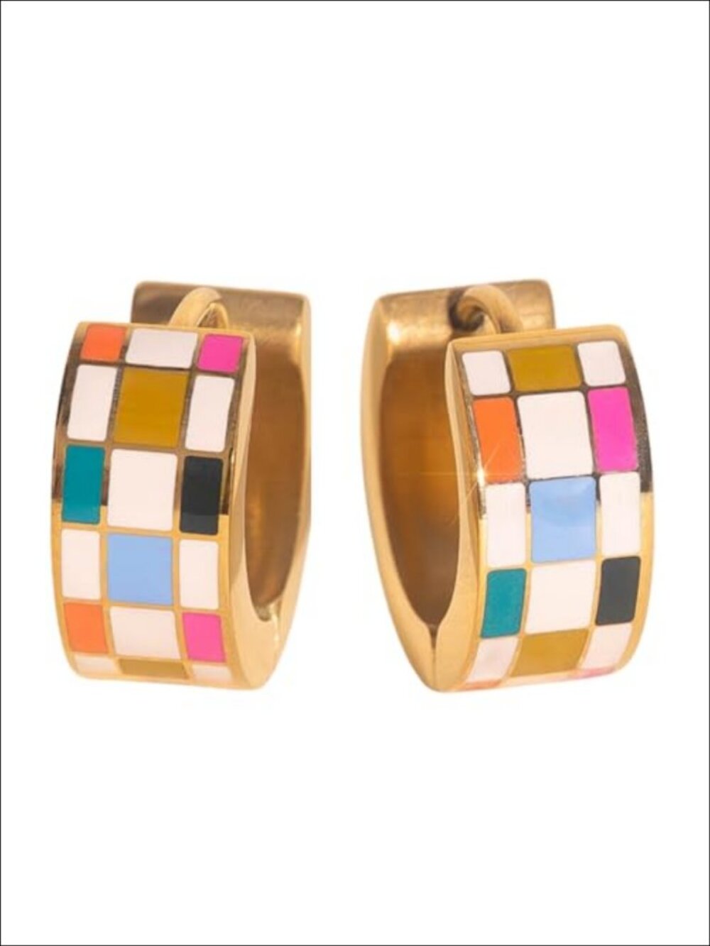 Super Chunky Checkered Huggie Hoop Earrings Adjustable Clasp 316L Stainless